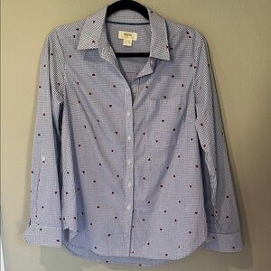 Maeve Blue and White Button-Down Shirt with Red Embroidered Hearts